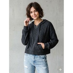 Zenana Premium Cropped Hoodie L Charcoal Grey Mineral Wash Knit Pullover 90s